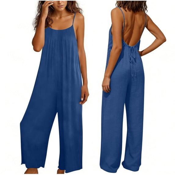 Kctiaxy Jumpsuits for Women Summer Spaghetti Strap Backless Cotton Linen Rompers Casual Solid Color Loose Fits Comfy Long-Length Overalls