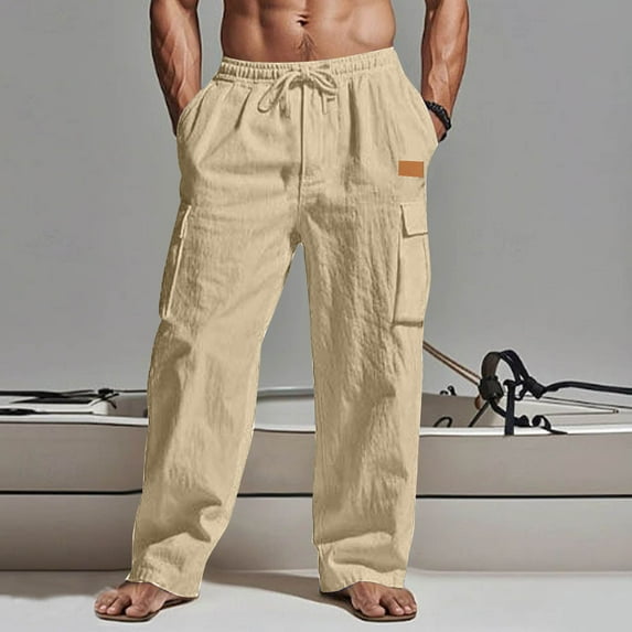 Kctiaxy Khaki Mens Linen Pants Lightweight Elastic Waist Drawstring Long Pants with Pockets Casual Loose Fits Straight-Legs Summer Beach Pants XL