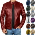 thumbnail image 1 of Kctiaxy Leather Jacket Men Long Sleeve Stand Collar Motorcycle Jackets Vintage Style Fashion Solid Color Lightweight Zip Up Biker Jacket Coat with Pockets, 1 of 5