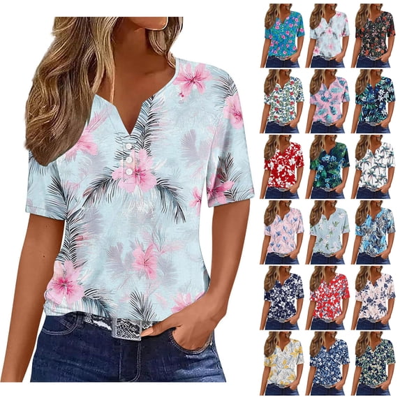 Kctiaxy Light Blue Womens Summer Tops V-Neck Button Collar Short Sleeve Hawaiian Shirt Fashion Floral Printed Pullover Top for Casual Beach Wear XL