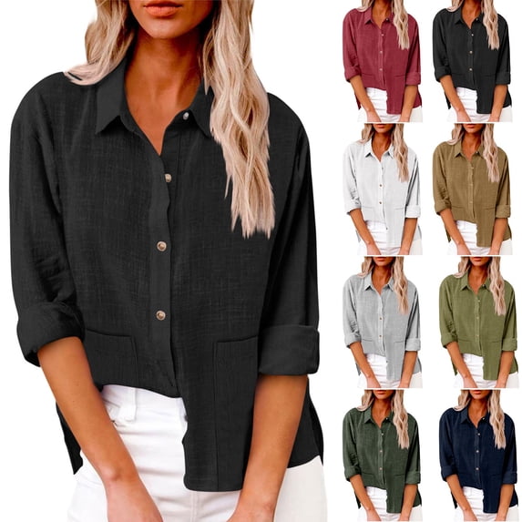 Kctiaxy Linen Button Down Shirt Women Fashion Long Sleeve Turn-down Collar Shirt Solid Color Causal Loose Beach Vacation Blouse Tops with Pockets