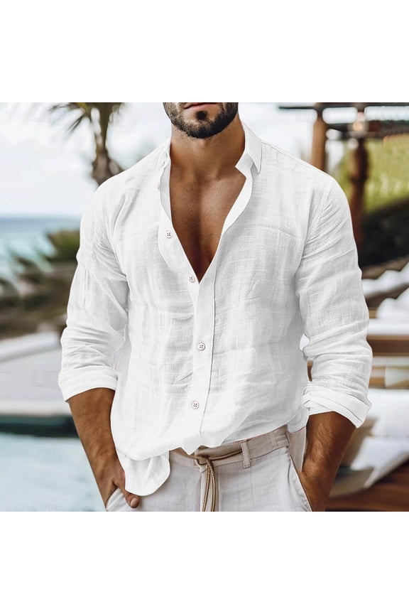 Linen Shirts for Men Long Sleeve Button Down Shirts Summer Casual Solid Color Turndown Collar Regular Fitted Blouse Top