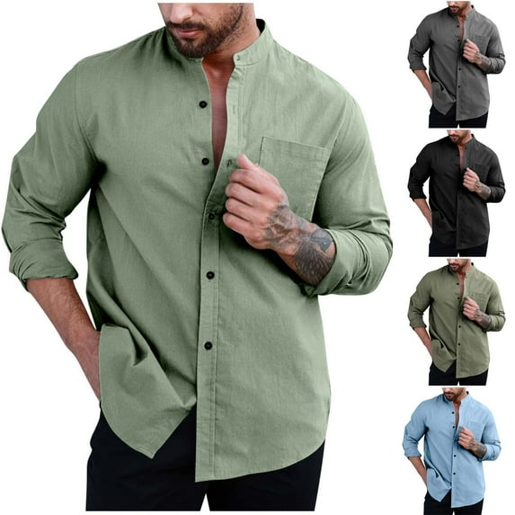 Kctiaxy Long Sleeve Shirts for Men Causal Button Standing Collar Shirts Solid Color Fashion Business Office Blouse Tops