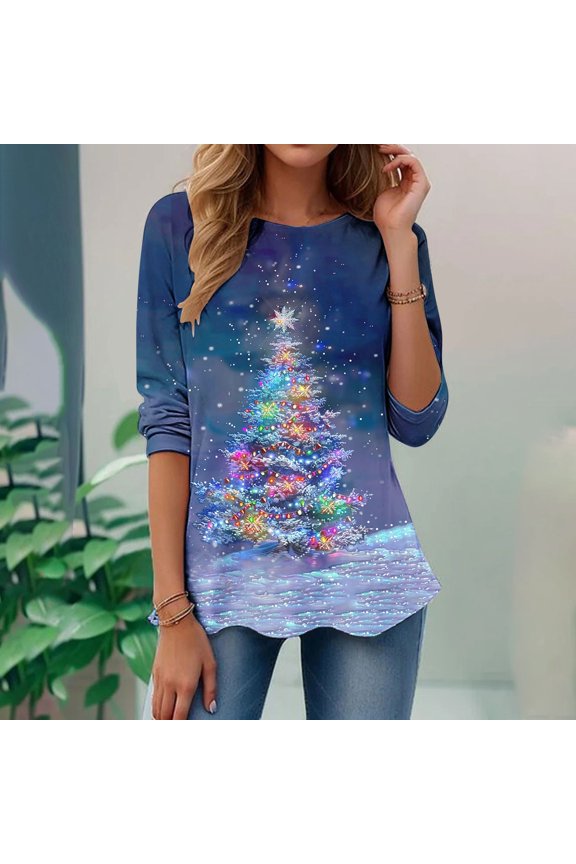 Long Sleeve Shirts for Women Christmas Fashion Cre W Neck Blouse Printed Causal Loose Tunic Shirt Tops