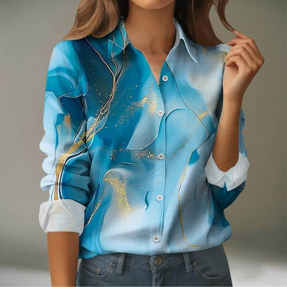 Kctiaxy Long Sleeve Shirts for Women Fashion Vintage Printed Button Down Shirt Blouse Turndown Collar Causal Loose Beach Vacation Tops