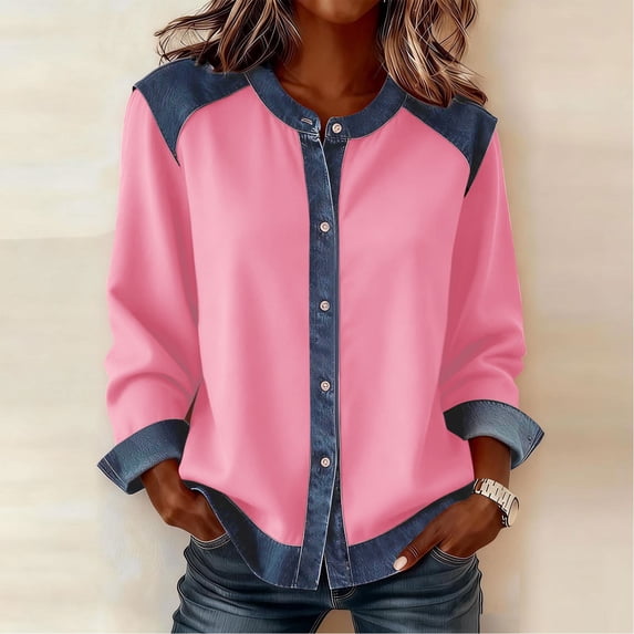 Kctiaxy Long Sleeve Shirts for Women V Neck Pullover Denim Patchwork Shirts Solid Color Button Down Lapel Collared Casual Sporty Blouse