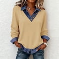 thumbnail image 1 of Kctiaxy Long Sleeve Shirts for Women V Neck Pullover Denim Patchwork Shirts Solid Color Button Down Lapel Collared Casual Sporty Blouse, 1 of 7
