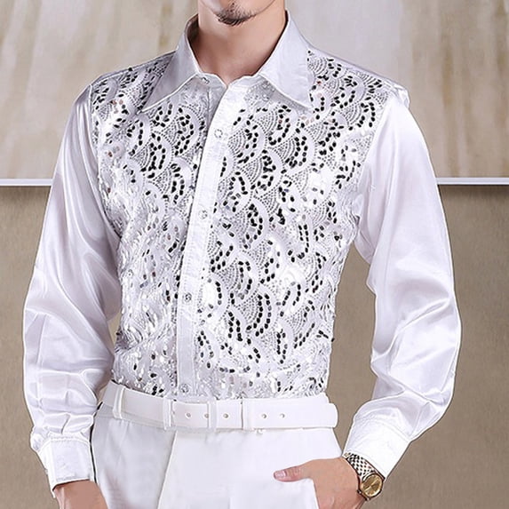 Kctiaxy Men's Formal Shiny Sequin Button Down Long Sleeve Shirts Casual Stylish Lapel Top Blouse for Halloween Cosplay Party