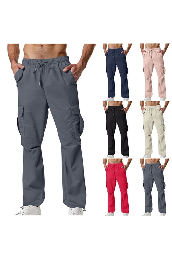 Mens Cargo Pants Drawstring e Lastic Waist Causal Work Pants Lightweight Solid Color Outdoor Hiking Pants with Pockets