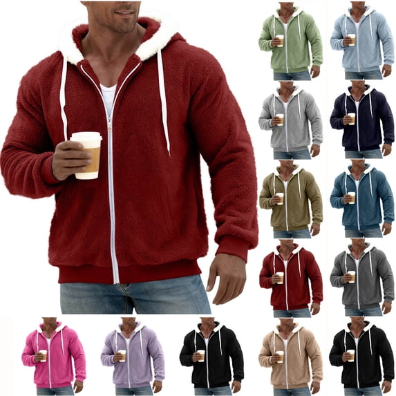 Kctiaxy Mens Fall Hoodies Zip Up Drawstring Hooded Fleece Jacket Fashion Contrast Long Sleeve Coats