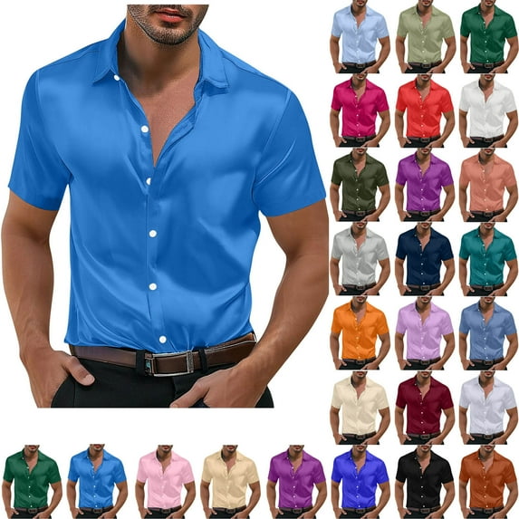 Kctiaxy Mens T-Shirts Short Sleeve Turn-down Button Down Shirts Summer Fashion Causal Solid Color Dancing Party Beach Blouse Tops Fall Savings