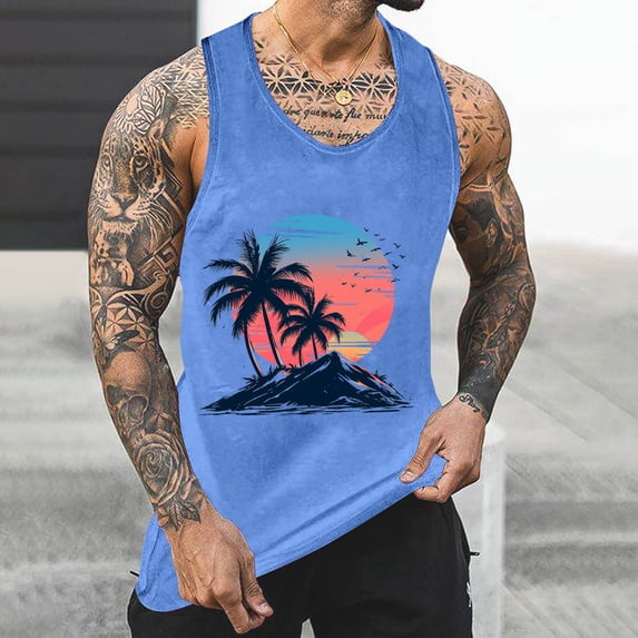 Kctiaxy Mens Tank Top Tropical Hawaiian Palm Trees Print Sleeveless Shirts Casual Crewneck Loose Gym Muscle Tee Summer Beach Vacation Shirts