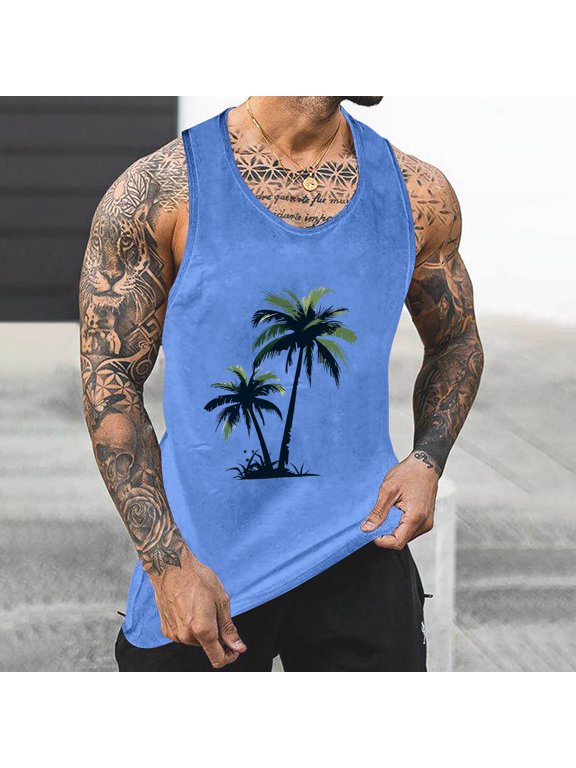 Mens Tank Tops Summer Hawaiian Palm Trees Graphic Tee Casual Crew Neck Loose Fitting Hawaiian Gym Workout Muscle Tanks