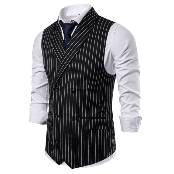 Kctiaxy Mens Vest Fashionable Striped Print Sleeveless Formal Vest Turndown Collared Double-Breasted Casual Business Vest with Pocket