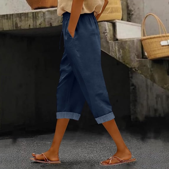 Kctiaxy Navy Capri Pants for Women Solid Color Elastic Waisted Linen Pants with Pocket Casual Drawstring Breathable Summer Cropped Trousers XL
