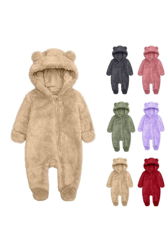 Ne Wborn Girl Clothes Baby Boy Romper Long Sleeve Cre W Neck Hodded Fleece Lined Onesie Outfits Zipper Cute Printed Jumpsuit Warm Fall Winter Baby Clothes 0-9 Monthss