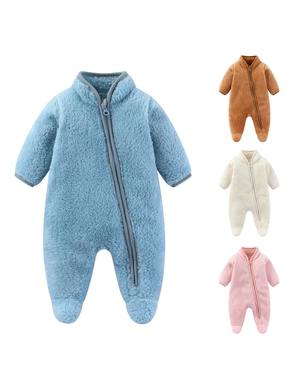Newborn Onesies Toddler Kids Stand Collar Cute Romper Warm Fleece Long Sleeve Zipper Jumpsuit Winter Baby Clothes 3-18 Months