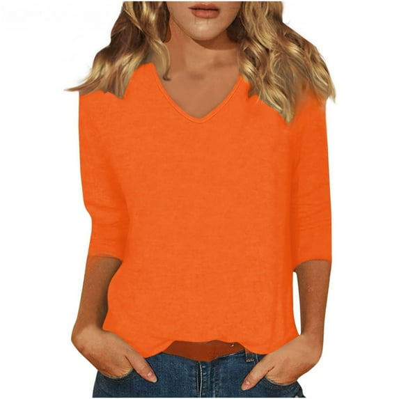 Kctiaxy Orange 3/4 Length Sleeve Womens Tops Casual Loose Fitting T Shirt Soft Comfy Soild Color V Neck Tops for Women XL