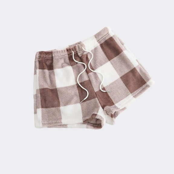 Kctiaxy Pajama Shorts Women Solid Color Home Fashion Plaid Shorts Loose Drawstring Elastic Waist Fleece Warm Outerwear Casual Shorts