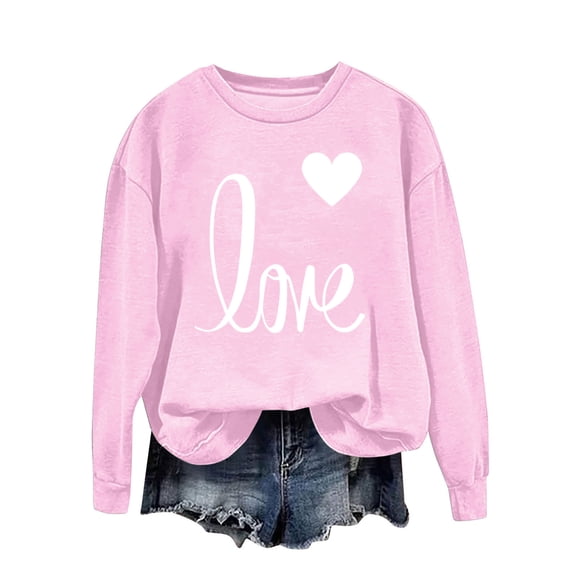 Kctiaxy Pink Women's Valentines Sweatshirt Solid Color Long Sleeve Sweatshirts Fashionable Casual Love Print Loose Fitting Hoodless Shirts M