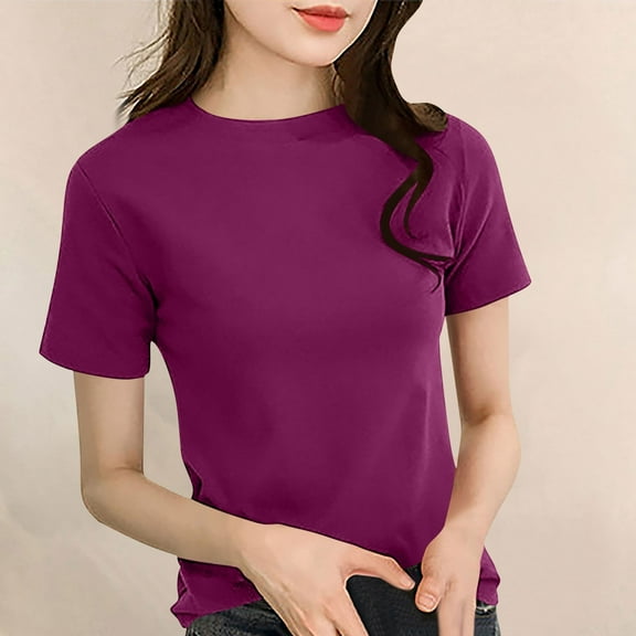 Kctiaxy Purple T Shirts for Women Casual Fashion Round Neck Pullover Shirts Soild Color Short Sleeve Blouses for Women XL