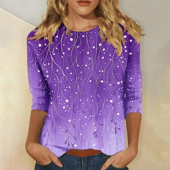 Kctiaxy Purple T Shirts for Women Fashion Crew Neck 3/4 Sleeve T Shirts for Women Casual Loose Fitting Printed Pullover Tops L