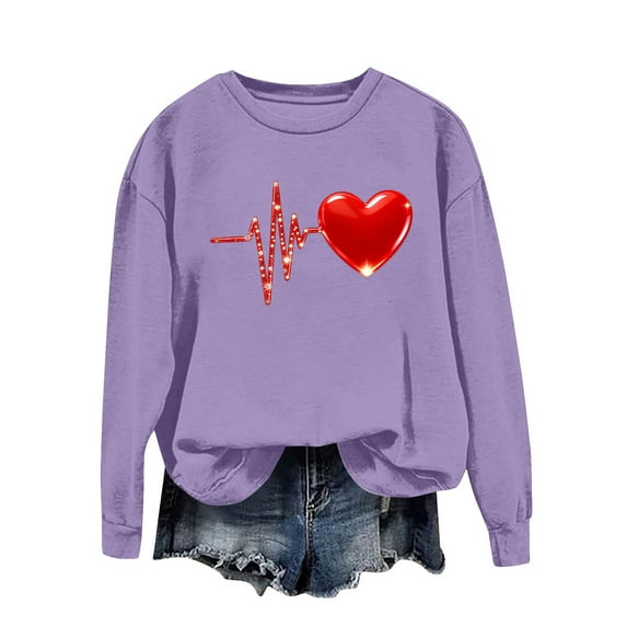 Kctiaxy Purple Valentines Sweatshirt Women Casual Long Sleeve Tops Fashionable Comfy Soild Color Crewneck Hoodless PulLover Shirts S