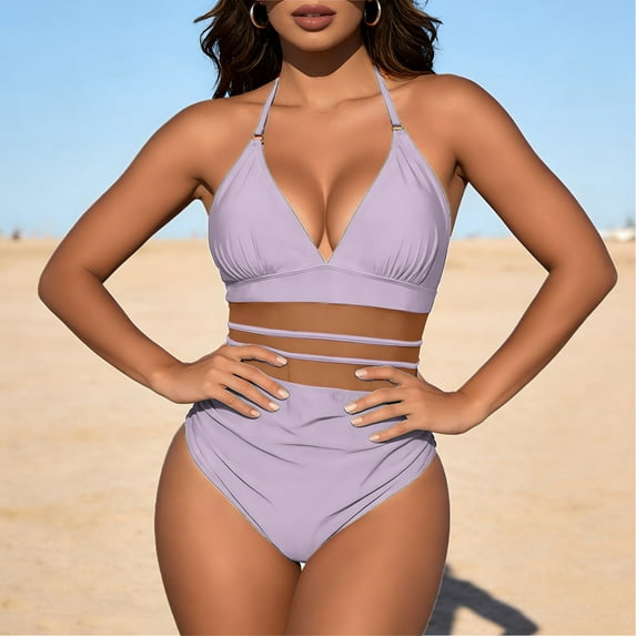 Kctiaxy Purple Womens One Piece Swimsuits Solid Color Halterneck Lace Bathing Suits Padded Backless Cut Out Off-Shoulder Bikini Swimsuit L