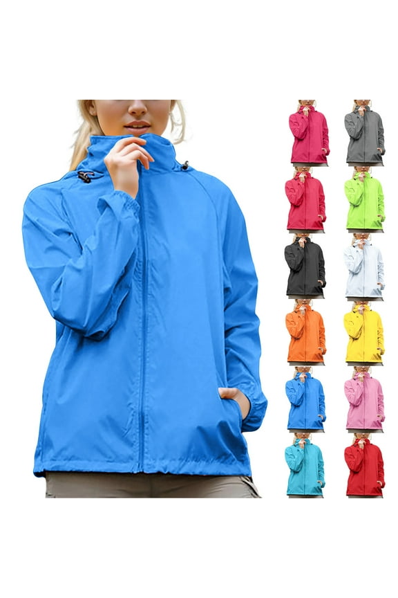Rain Jacket Women Lightweight Waterproof Windbreaker Jacket Solid Color Long Sleeve Zipper Drawstring Hoodied Jacket with Pockets