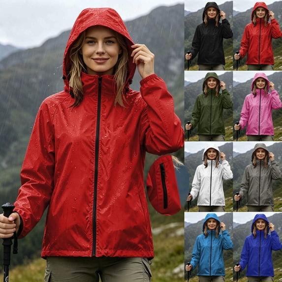 Kctiaxy Rain Jacket Women Waterproof Lightweight Windbreaker Jacket with Hood Drawstring Zip Up Jacket with Pockets