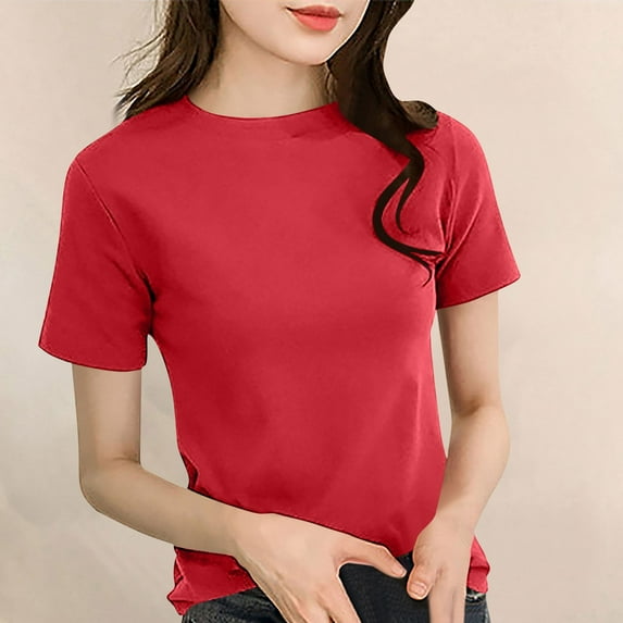 Kctiaxy Red T Shirts for Women Casual Fashion Round Neck Pullover Shirts Soild Color Short Sleeve Blouses for Women XL