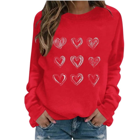 Kctiaxy Red Valentiness Day Sweatshirt for Women Round Neck Casual Pullover Shirts Womens Long Sleeve Love Heart Print Hoodless Sweatshirts L