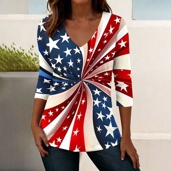 Kctiaxy Red Womens V Neck 3/4 Sleeve T Shirts Independence Day Printed Summer Tops Casual Loose Tees Trending Now XL