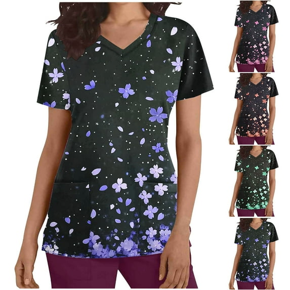 Kctiaxy Scrub Shirts for Women Short Sleeve V Neck Nursing Scrubs Graphic Print Causal Stretch Medical Workwear Scrub Tops with Pockets Summer Deals