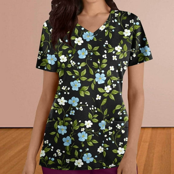 Kctiaxy Scrub Tops Fashionable Print Graphic Nursing Scrubs Casual Short Sleeve V Neck T Shirts for Women with Pockets