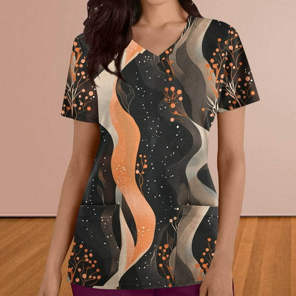 Kctiaxy Scrub Tops Fashionable Print Graphic Nursing Scrubs Casual Short Sleeve V Neck T Shirts for Women with Pockets