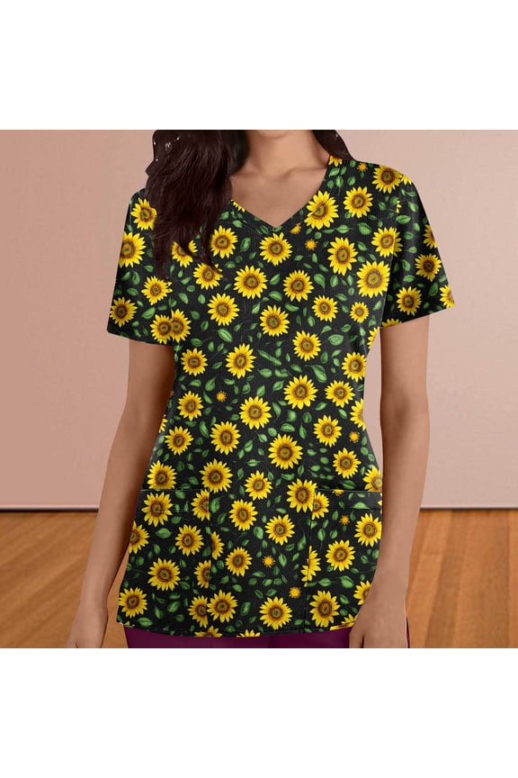 Scrub Tops Fashionable Print Graphic Nursing Scrubs Casual Short Sleeve V Neck T Shirts for Women with Pockets