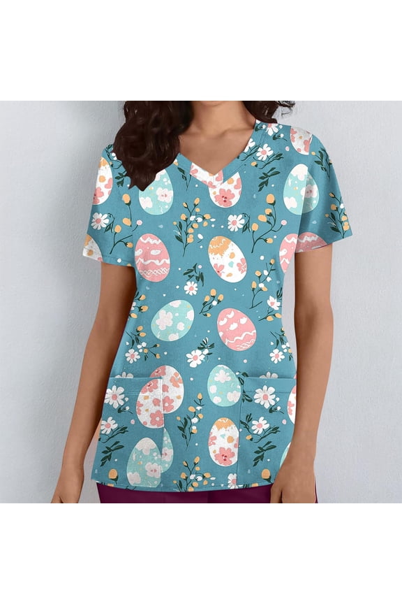 Scrub Tops Women Colorful Eggs Print Graphic Easter Tshirts for Women V-neck Short Sleeve Tops for Women with Pockets