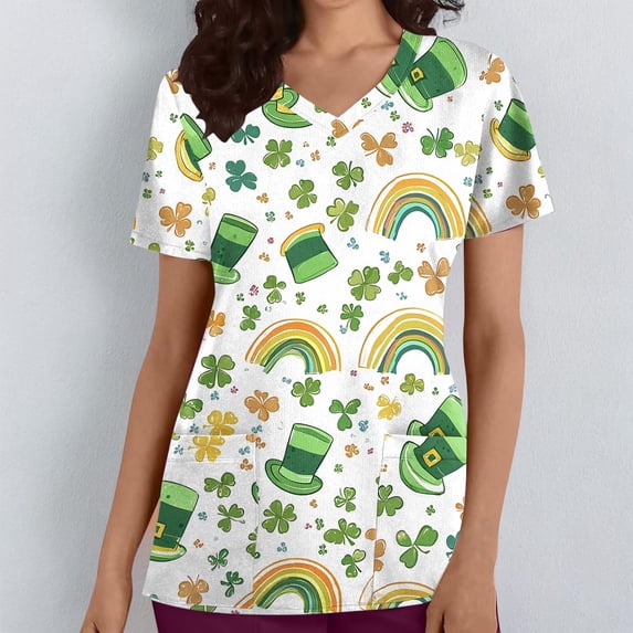 Kctiaxy Scrub Tops Women Colorful Eggs Print Graphic Easter Tshirts for Women V-neck Short Sleeve Tops for Women with Pockets
