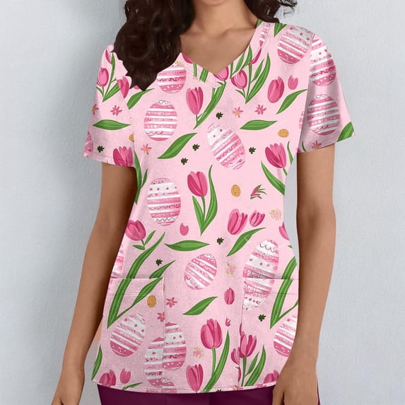 Kctiaxy Scrub Tops Women Colorful Eggs Print Graphic Easter Tshirts for Women V-neck Short Sleeve Tops for Women with Pockets