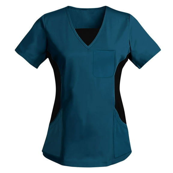 Kctiaxy Scrubs for Women Classic Comfy Short Sleeve V Neck T Shirts for Women Casual Fashion Patchwork T Shirts with Multiple Pockets