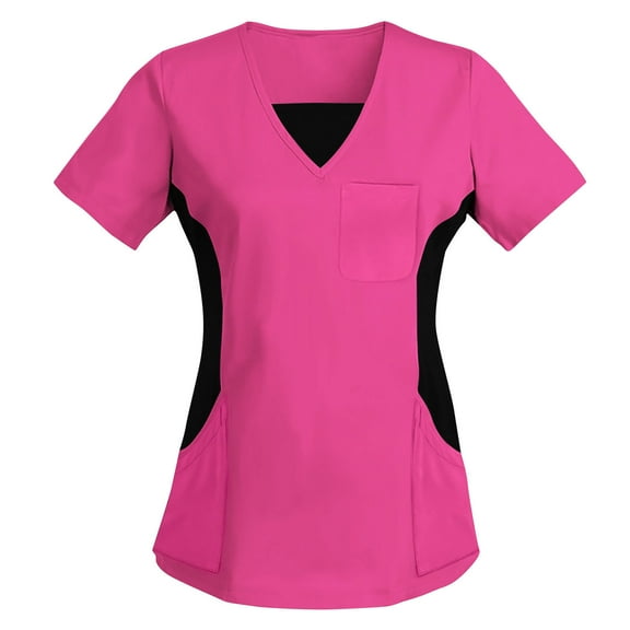 Kctiaxy Scrubs for Women Classic Comfy Short Sleeve V Neck T Shirts for Women Casual Fashion Patchwork T Shirts with Multiple Pockets