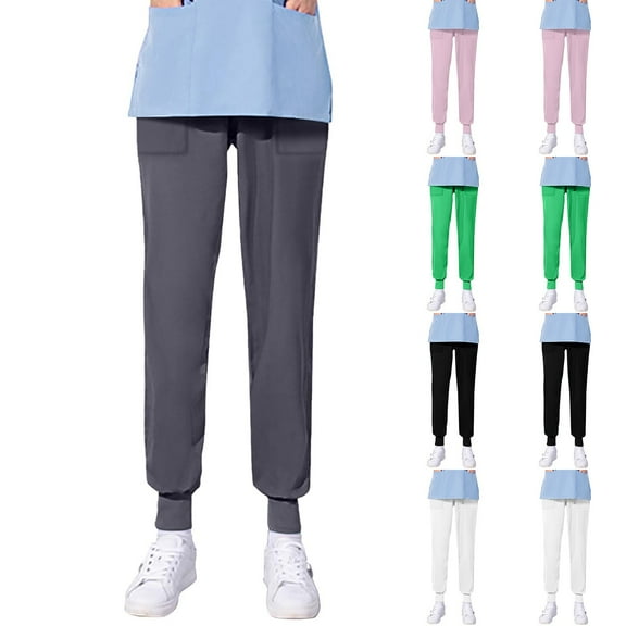 Kctiaxy Scrubs for Women e Lastic Waist Straight Leg Scrub Pants Solid Color Causal Loose Stretch Long Cargo Pants with Pocketss