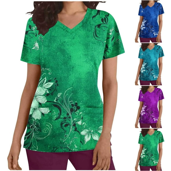 Kctiaxy Scrubs for Women Short Sleeve V Neck Nursing Scrub Tops Graphic Print Fashion Causal Stretch Medical Work Wear Tops with Pocketss
