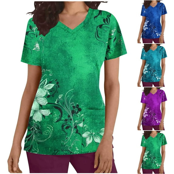 Kctiaxy Scrubs for Women Short Sleeve V Neck Nursing Scrub Tops Graphic Print Fashion Causal Stretch Medical Work Wear Tops with Pocketss