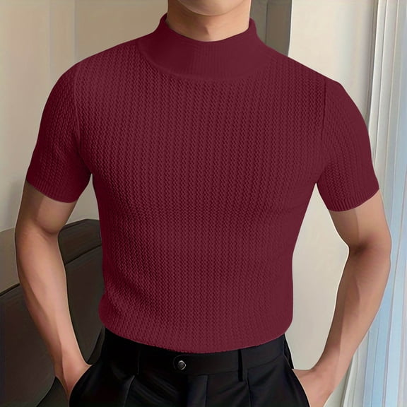 Kctiaxy Shirts for Men Summer Fashion Casual Pullover Knit Tops Slim Fitting Turtleneck Soild Color Short Sleeve Shirts for Men