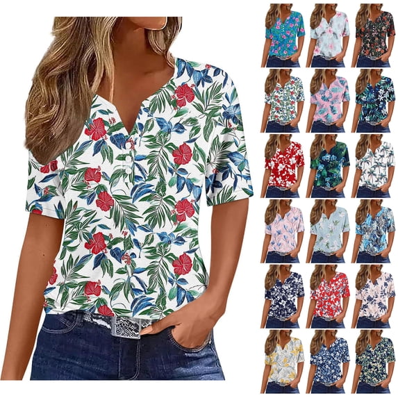 Kctiaxy Short Sleeve Shirts for Women Hawaiian Printed V-Neck Shirt Fashion Casual Beach Button Collared Pullover Floral Summer Tops
