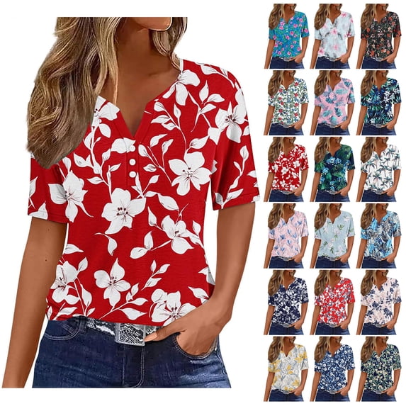 Kctiaxy Short Sleeve Shirts for Women Hawaiian Printed V-Neck Shirt Fashion Casual Beach Button Collared Pullover Floral Summer Tops