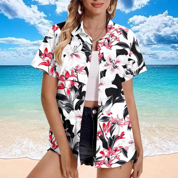 Kctiaxy Short Sleeve Shirts for Women V-Neck Button Up Hawaiian Shirt Fashion Casual Loose Beach Floral Summer Tops T Shirts Blouses for Vacation