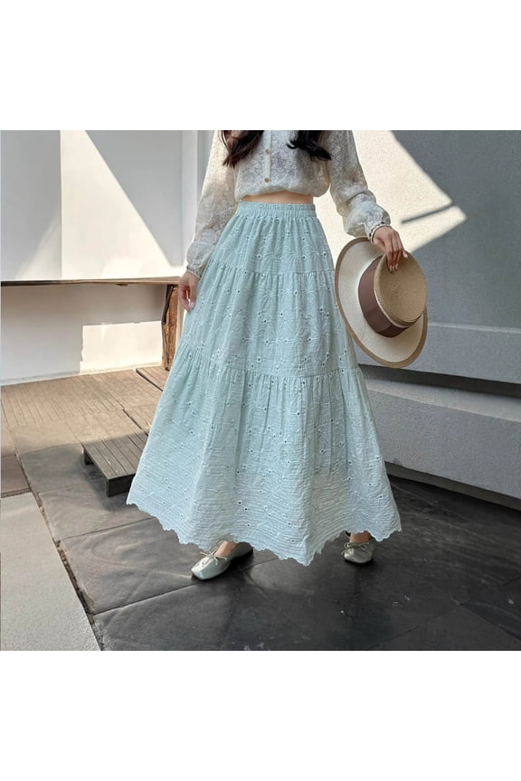 Skirts for Women Elastic High Waist Embroidered Summer Skirts Solid Color Pleated Lace Loose Casual Ruffled Maxi Skirt